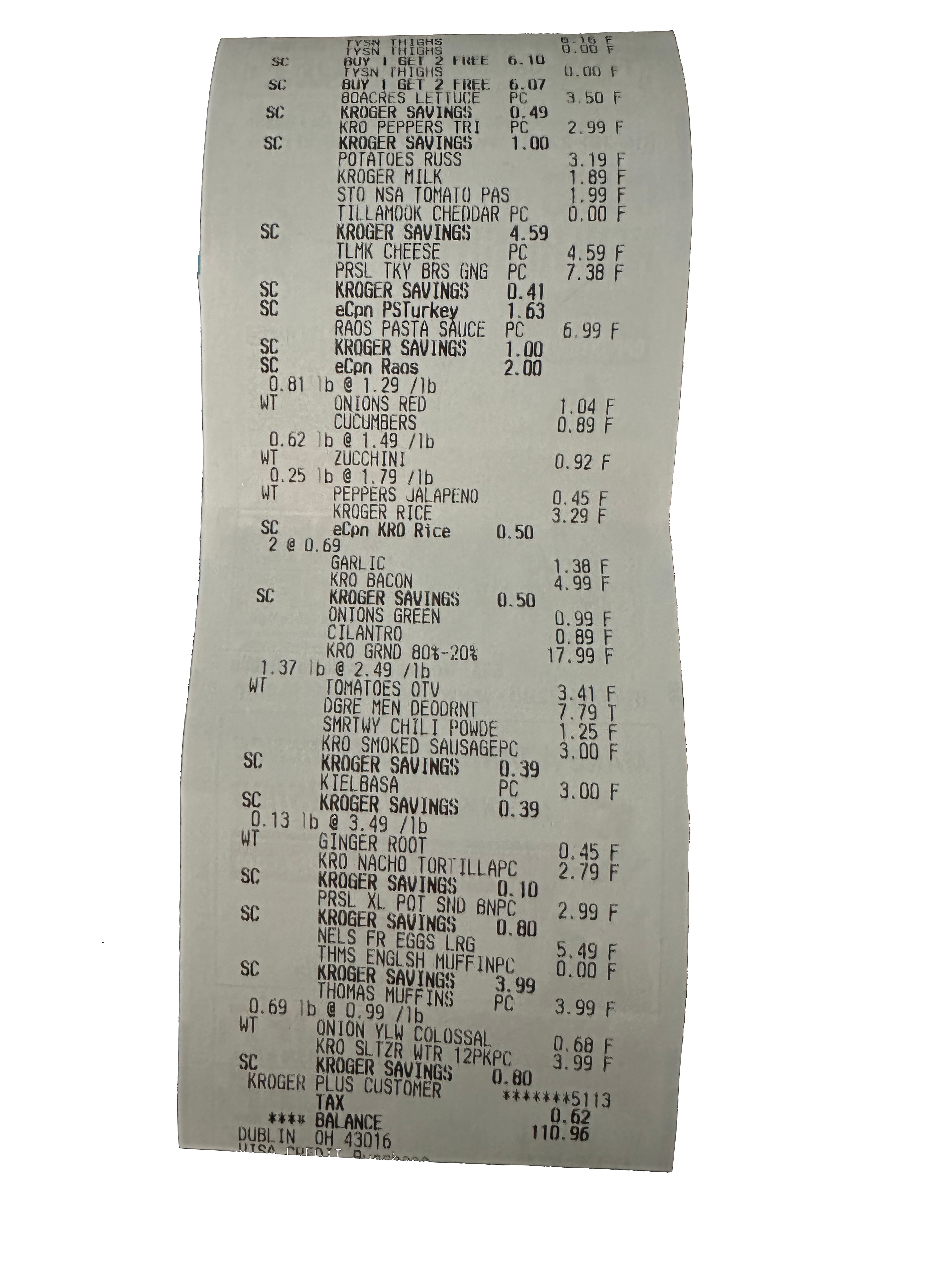 kroger receipt showing a lot of items